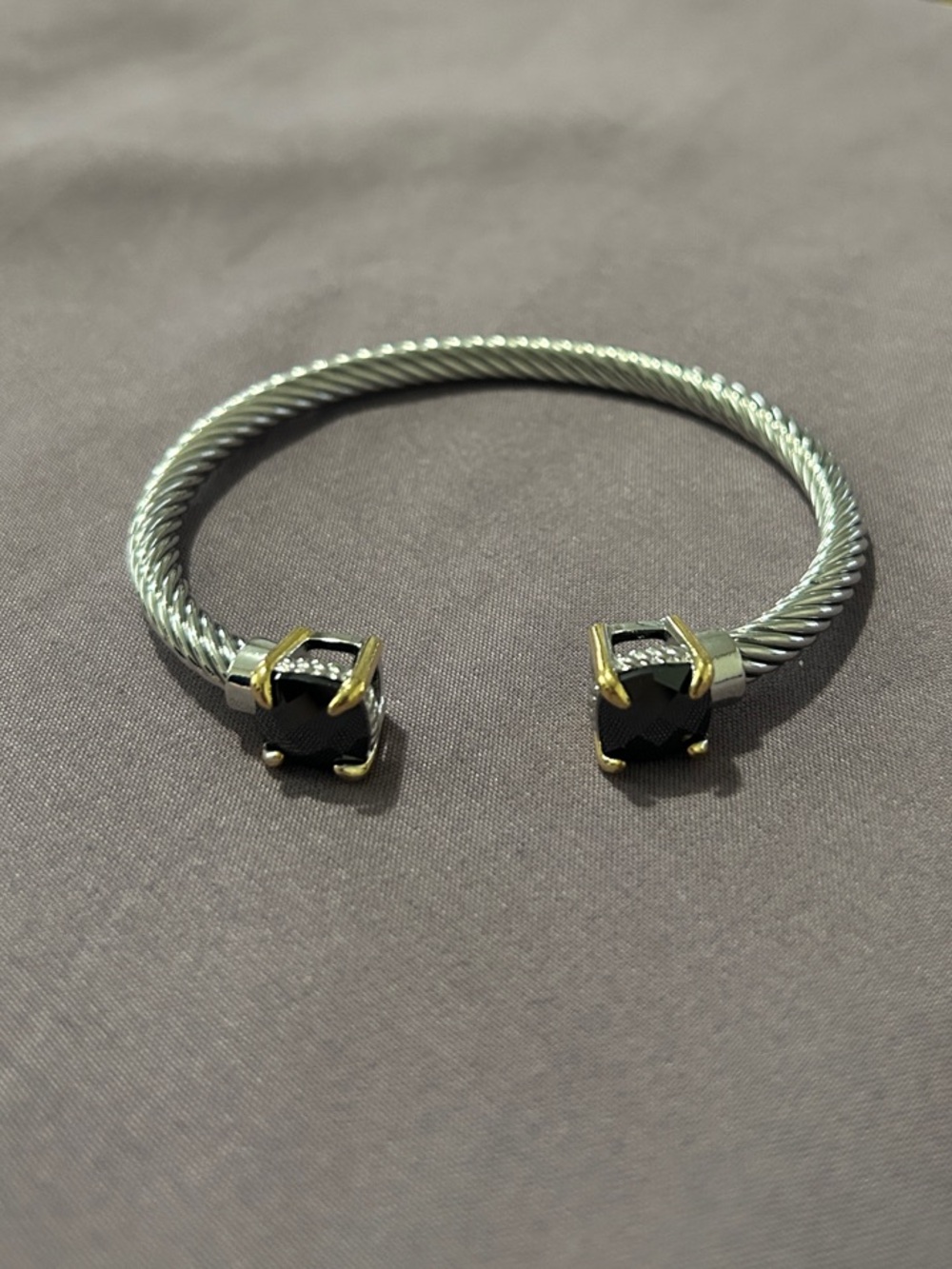 Silver Cable Cuff Bracelet with Black Stone End Caps